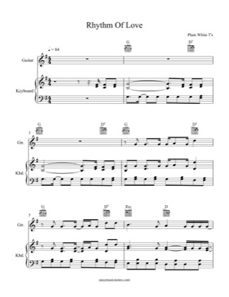 Thumbnail of first page of Rhythm Of Love piano sheet music PDF by Plain White T's.