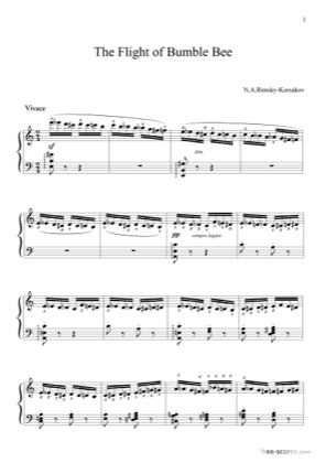 Thumbnail of first page of Flight of the Bumblebee piano sheet music PDF by Nikolay Rimski-Korsakov.
