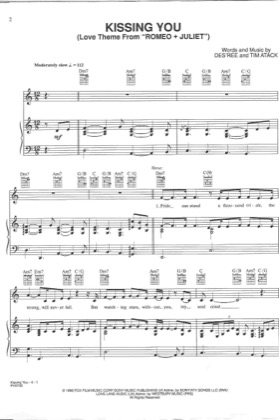 Thumbnail of first page of Kissing You piano sheet music PDF by Romeo and Juliet.