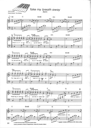 Thumbnail of first page of Take my breath away piano sheet music PDF by Tom Whitlock.