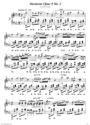 Thumbnail of first page of Nocturne Op. 9 No. 2  piano sheet music PDF by Frédéric Chopin.
