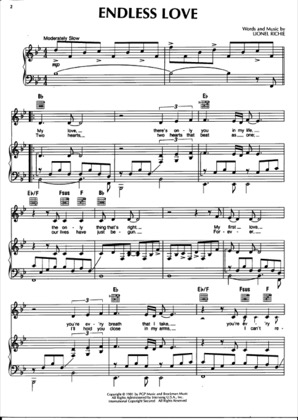 Thumbnail of first page of Endless Love piano sheet music PDF by Lionel Richie.