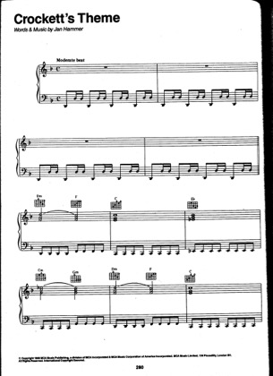 Thumbnail of first page of Crocett's Theme piano sheet music PDF by Jan Hammer.