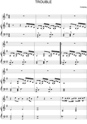 Thumbnail of first page of Trouble piano sheet music PDF by Coldplay.