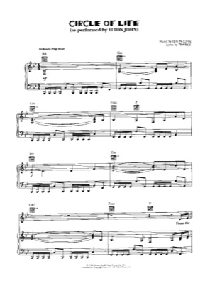 Thumbnail of first page of Circle of life piano sheet music PDF by Elton John.