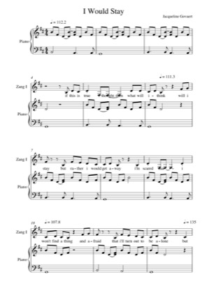 Thumbnail of first page of I Would Stay piano sheet music PDF by Jacqueline Govaert.