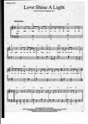 Thumbnail of first page of Love Shine A Light piano sheet music PDF by Kimberley Rew.