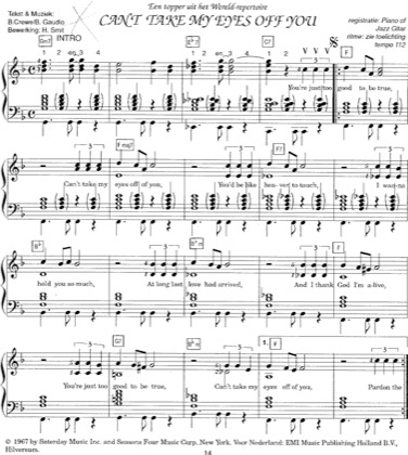 Thumbnail of first page of Can't Take My Eyes Off You piano sheet music PDF by Boys town gang.