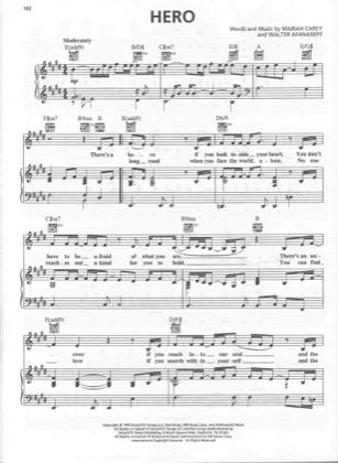 Thumbnail of first page of Hero piano sheet music PDF by Mariah Carey.