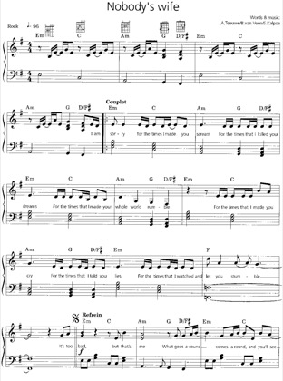 Thumbnail of first page of Nobodys Wife piano sheet music PDF by Anouk .