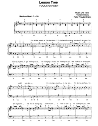 Thumbnail of first page of Lemon Tree piano sheet music PDF by Fools Garden.