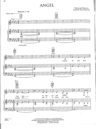 Thumbnail of first page of Angel piano sheet music PDF by Sarah McLachlan.