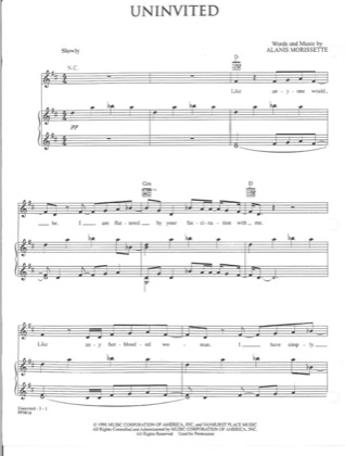 Thumbnail of first page of Uninvited piano sheet music PDF by Alanis Morissette.