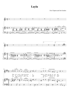 Thumbnail of first page of Layla piano sheet music PDF by Eric Clapton.