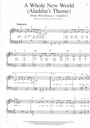 Thumbnail of first page of A Whole new world piano sheet music PDF by Aladdin.