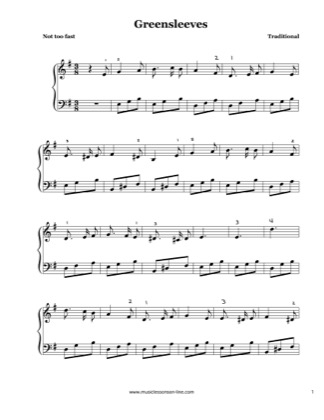 Thumbnail of first page of Greensleeves (fingered) piano sheet music PDF by Traditional.