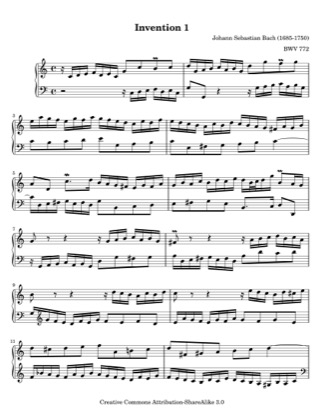 Thumbnail of first page of Invention 1 piano sheet music PDF by Johann Sebastian Bach.