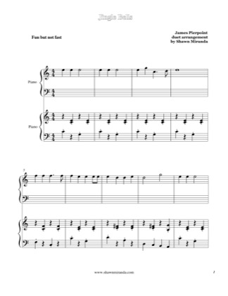 Thumbnail of first page of Jingle Bells (duet) piano sheet music PDF by James Pierpoint.