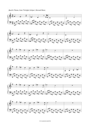 Thumbnail of first page of Jacob's Theme (Eclipse) piano sheet music PDF by Twilight.