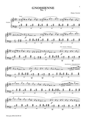 Thumbnail of first page of Gnossienne No.1 (2) piano sheet music PDF by Satie.