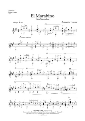 Thumbnail of first page of El Marabino, Valsa Venezuelana piano sheet music PDF by Antonio Lauro.