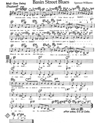 Thumbnail of first page of Basin Street Blues piano sheet music PDF by Spencer Williams.