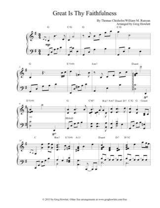 Thumbnail of first page of Great Is Thy Faithfulness piano sheet music PDF by Thomas Chisholm.