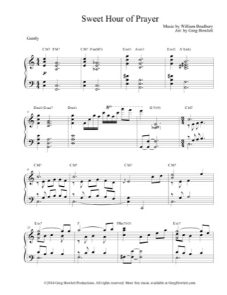 Thumbnail of first page of Sweet Hour of Prayer piano sheet music PDF by William Bradbury.