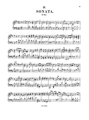 Thumbnail of first page of Sonata in D major, BWV 963 piano sheet music PDF by Bach.