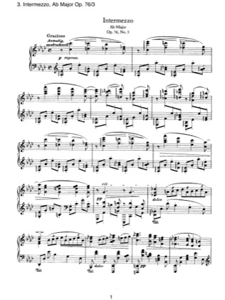 Thumbnail of first page of No.3 Intermezzo, Ab Major piano sheet music PDF by Brahms.