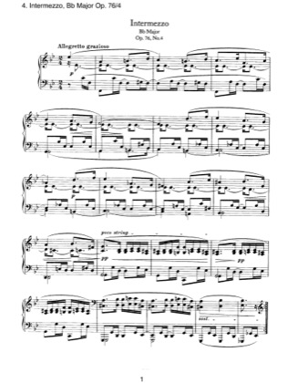 Thumbnail of first page of No.4 Intermezzo, Bb Major piano sheet music PDF by Brahms.