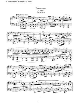 Thumbnail of first page of No.6 Intermezzo, A Major piano sheet music PDF by Brahms.