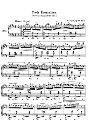 Thumbnail of first page of Ecossaises Op.72/3 piano sheet music PDF by Chopin.