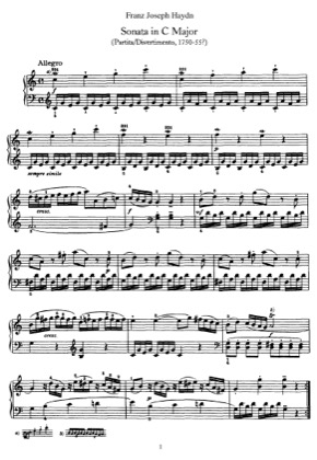 Thumbnail of first page of Sonata No.1 in C major piano sheet music PDF by Haydn.