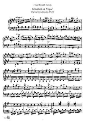 Thumbnail of first page of Sonata No.5 in A major piano sheet music PDF by Haydn.