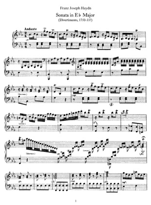 Thumbnail of first page of Sonata No.16 in E flat major piano sheet music PDF by Haydn.