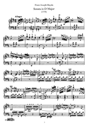 Thumbnail of first page of Sonata No.33 in D major piano sheet music PDF by Haydn.