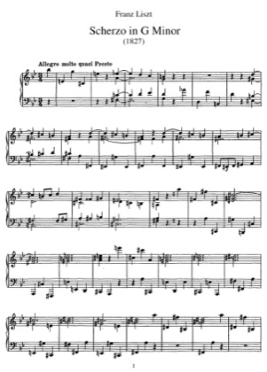 Thumbnail of first page of Scherzo in G minor, S.153 piano sheet music PDF by Liszt.