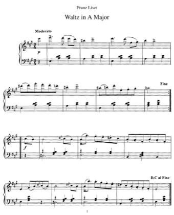 Thumbnail of first page of Waltz in A major, S.208a piano sheet music PDF by Liszt.