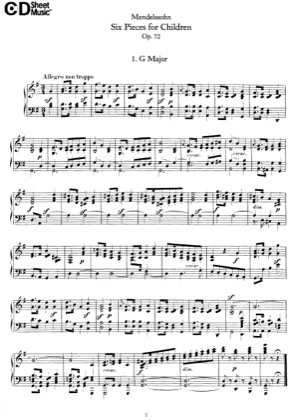 Thumbnail of first page of 6 Kinderstucke, Op.72 piano sheet music PDF by Mendelssohn.