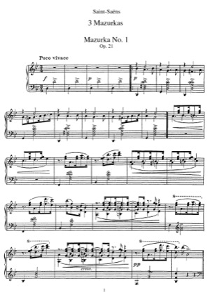 Thumbnail of first page of 3 Mazurkas, Opp. 21, 24, 66 piano sheet music PDF by Saint-Saens.