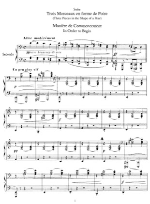 Thumbnail of first page of 3 Morceaux en Forme de Poire piano sheet music PDF by Satie.
