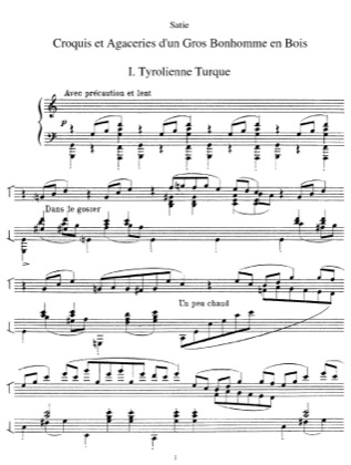Thumbnail of first page of Croquis et agaceries d'un gros bonhomme en bois piano sheet music PDF by Satie.