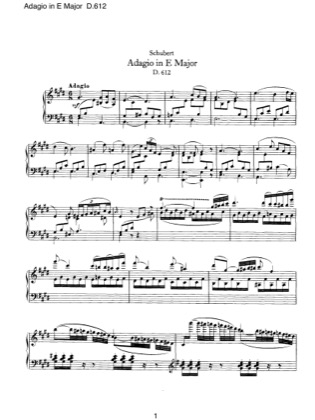 Thumbnail of first page of Adagio in E major, D.612 piano sheet music PDF by Schubert.