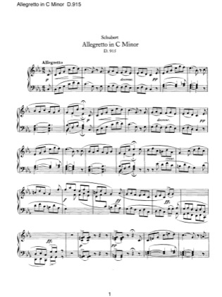 Thumbnail of first page of Allegretto in C minor, D.915 piano sheet music PDF by Schubert.