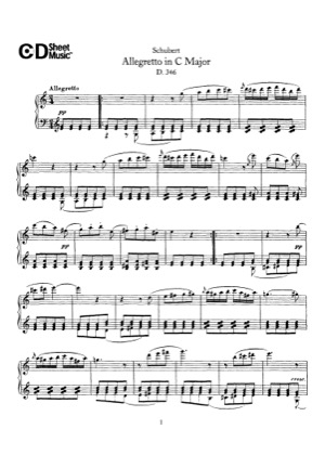 Thumbnail of first page of Allegretto, D.346 piano sheet music PDF by Schubert.