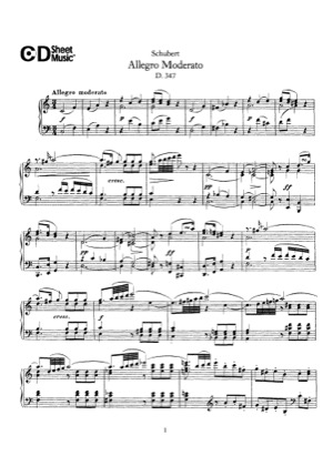 Thumbnail of first page of Allegro Moderato, D.347 piano sheet music PDF by Schubert.