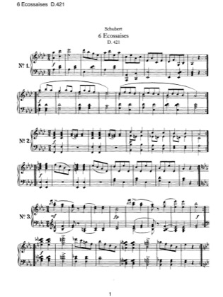 Thumbnail of first page of 6 Ecossaises, D.421 piano sheet music PDF by Schubert.