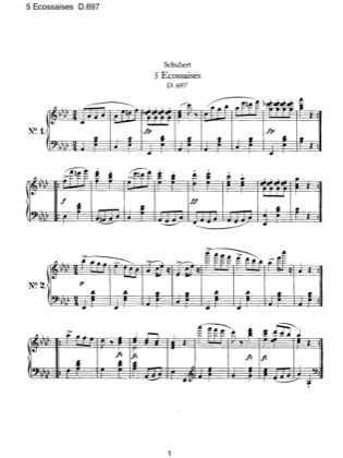 Thumbnail of first page of 5 Ecossaises, D.697 piano sheet music PDF by Schubert.