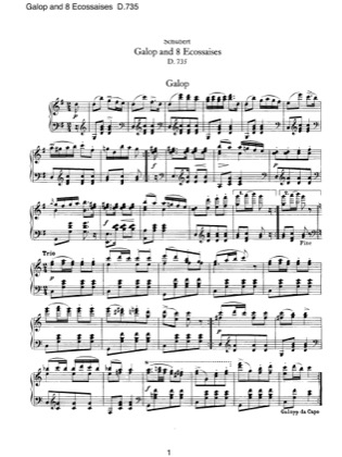 Thumbnail of first page of Galop and 8 Ecossaises, D.735 piano sheet music PDF by Schubert.